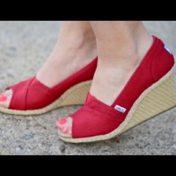 Toms Twill Classic Wedge Sandals Womens 6.5 Red Peep Toe Twine 3" Heel Shoes - Picture 3 of 12